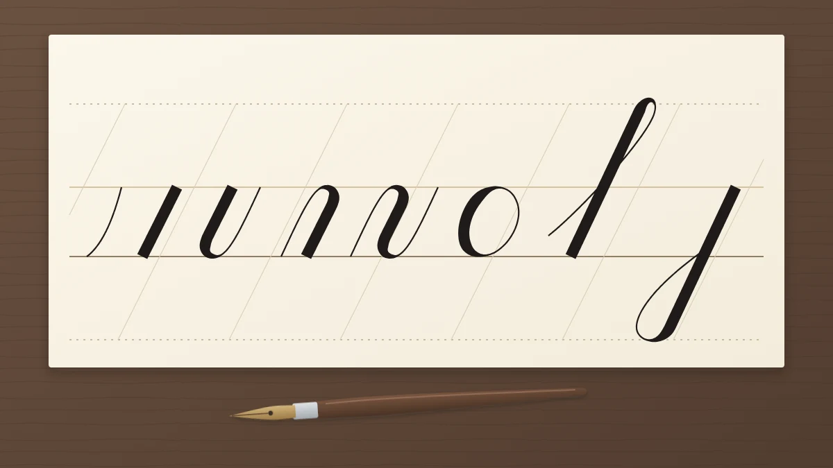Practice sheet with guidelines showing the eight basic strokes in one row and a pointed pen resting below