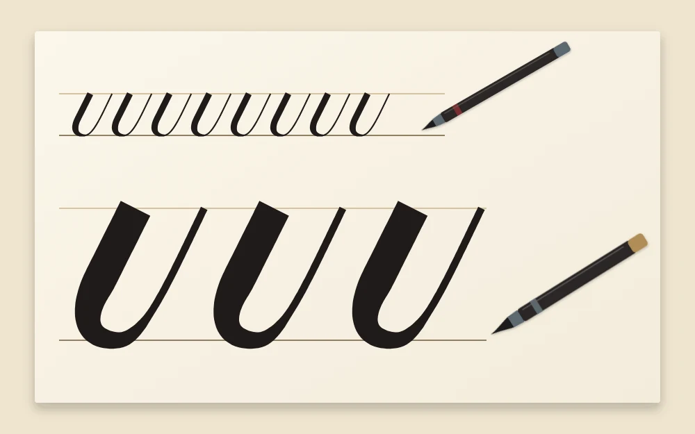 Two rows of the same underturn stroke: a small delicate row from a small-tip brush pen and a larger bold row from a large-tip brush pen