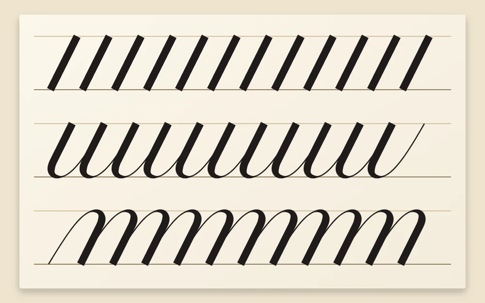 Three drill rows drawn large: parallel slanted thick downstrokes, a row of joined underturns and a row of joined overturns