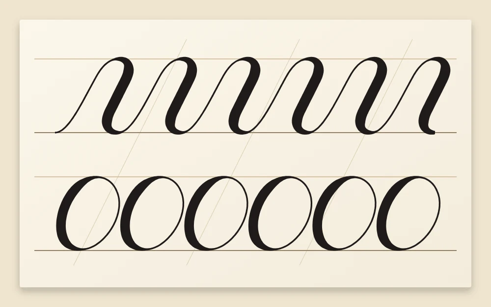 Two drill rows drawn large: a flowing wave of compound curves that swells on each downward part and a chain of touching ovals