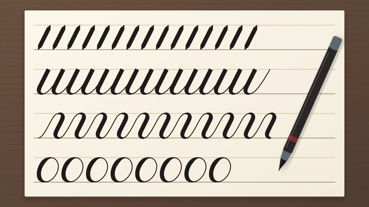 Practice sheet with four rows of warm-up drills: slanted lines, underturns, a compound-curve wave and ovals, with a brush pen resting on it