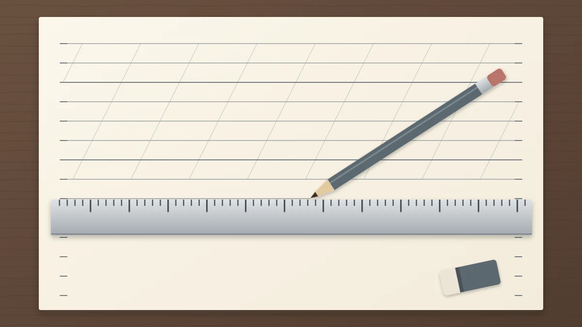 A ruler and pencil lying across evenly spaced horizontal guidelines crossed by faint diagonal slant lines