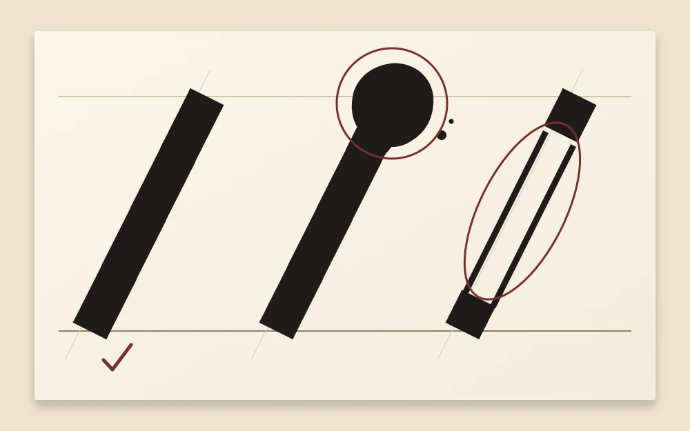 Three large downstrokes in a row: a clean even stroke, one with a heavy blob at the top, and one split into two thin parallel lines