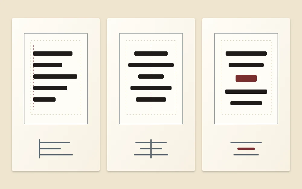 Three thumbnail page sketches with text lines as thick bars: flush left, centered, and one short emphasized line