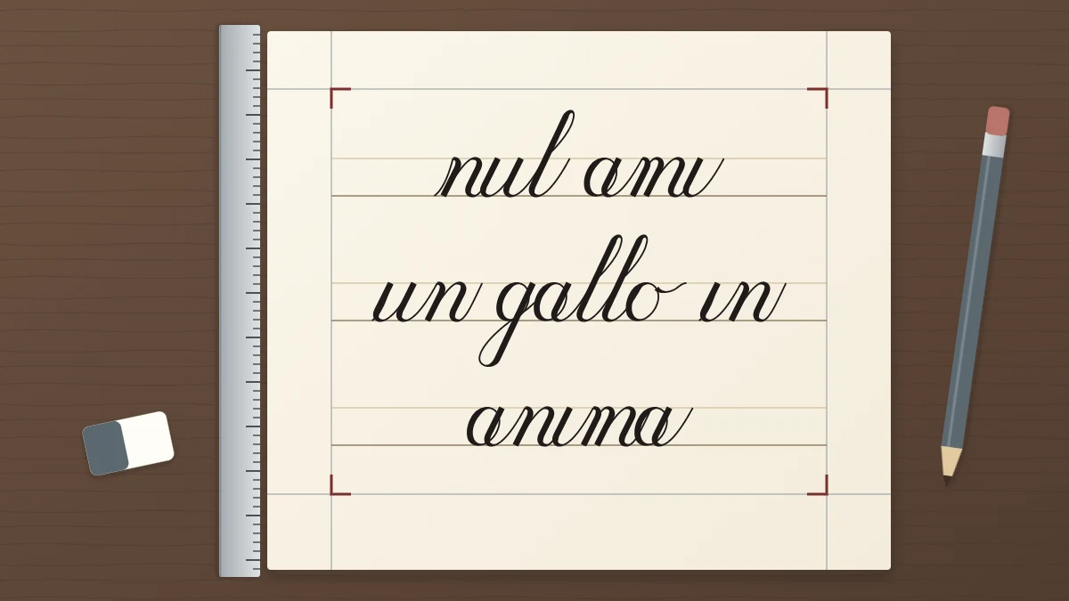 A sheet with three centered lines of script strokes inside light pencil margins, with a ruler along one edge