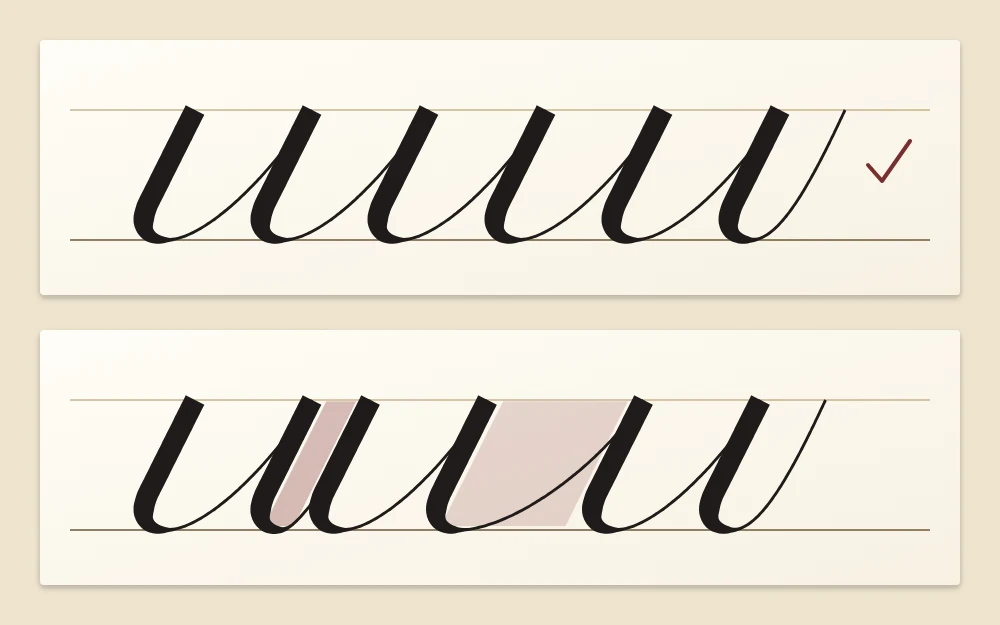 Two rows of six thick downstrokes joined by hairlines, the upper row evenly spaced, the lower row with one cramped pair and one wide gap tinted in an accent color