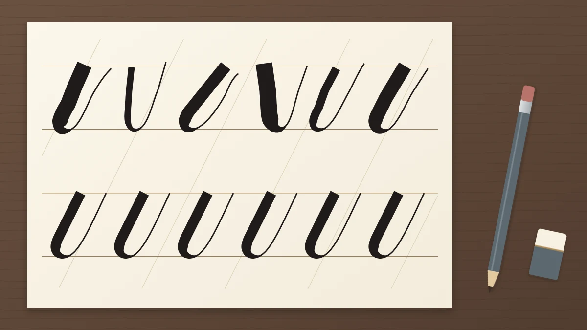 A practice sheet with a wobbly, uneven row of underturn strokes above a steady row of the same strokes, and a pencil beside it