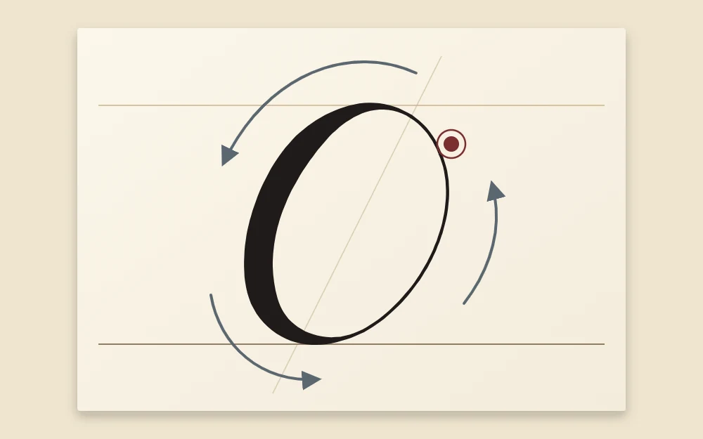 One large oval between a baseline and a waistline, starting at the upper right, with the left side visibly thicker than the right