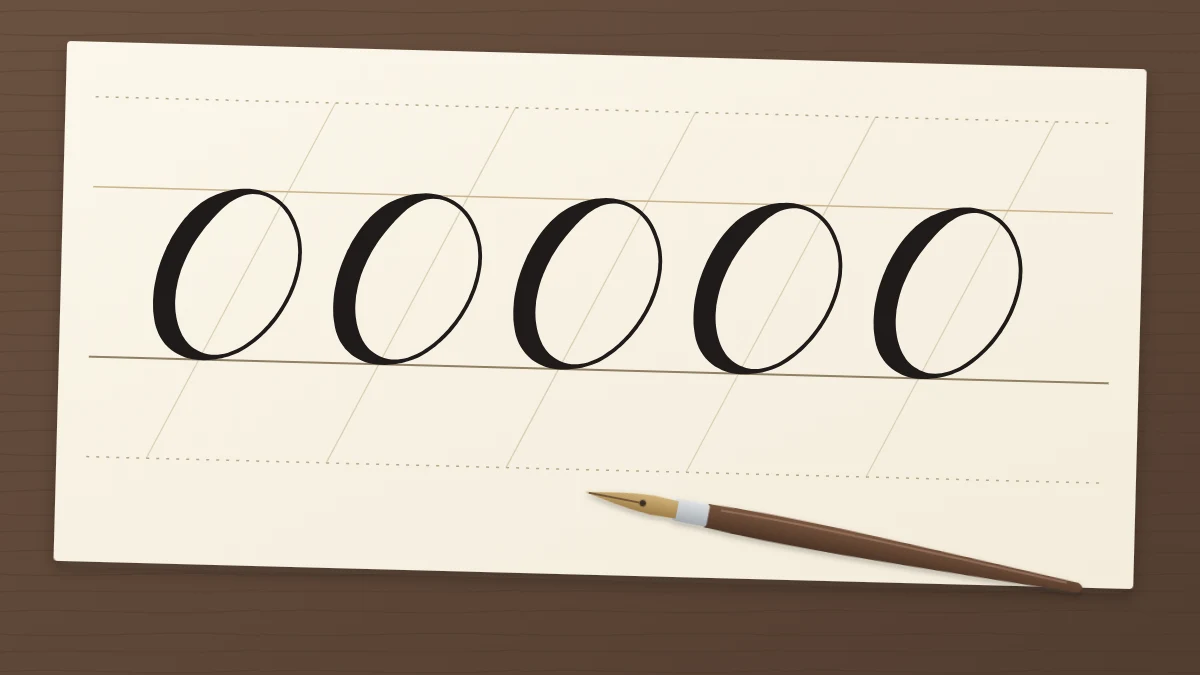 A row of five slanted ovals with thick left sides and hairline right sides on a ruled sheet beside a pointed pen