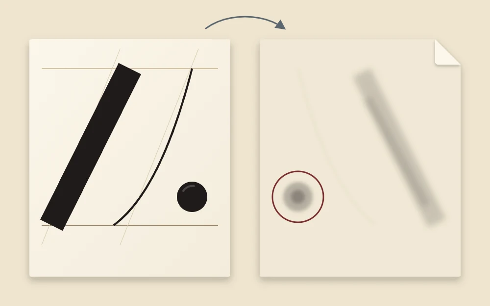 A paper test strip with a thick stroke, a hairline and a round ink dot, beside the back of the sheet showing faint gray marks