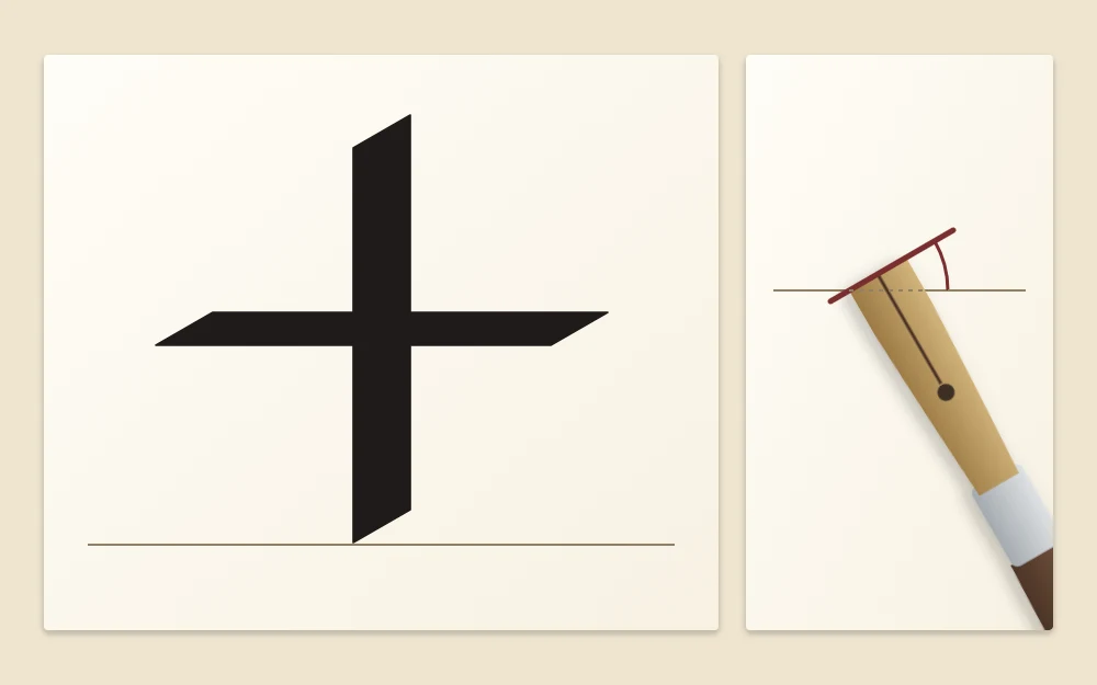 A large plus sign made with a broad-edge nib, vertical and horizontal bars of different thickness, beside a small slanted bar over a thin baseline
