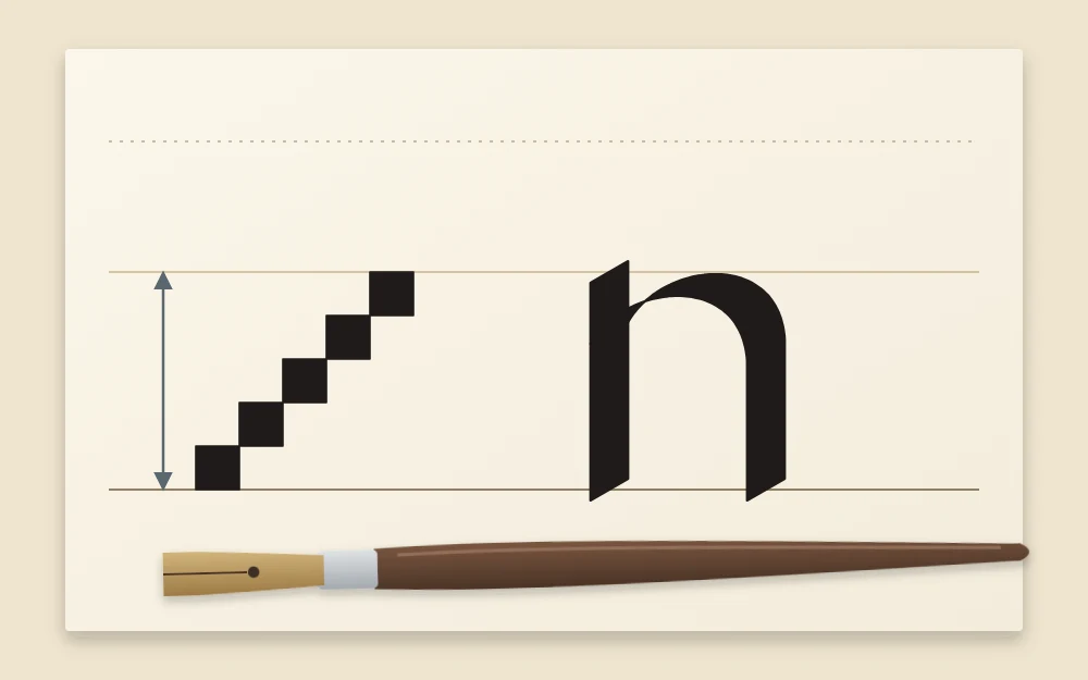 A staircase of five small square nib marks beside a pair of guidelines with a broad-edge lowercase letter n written between them