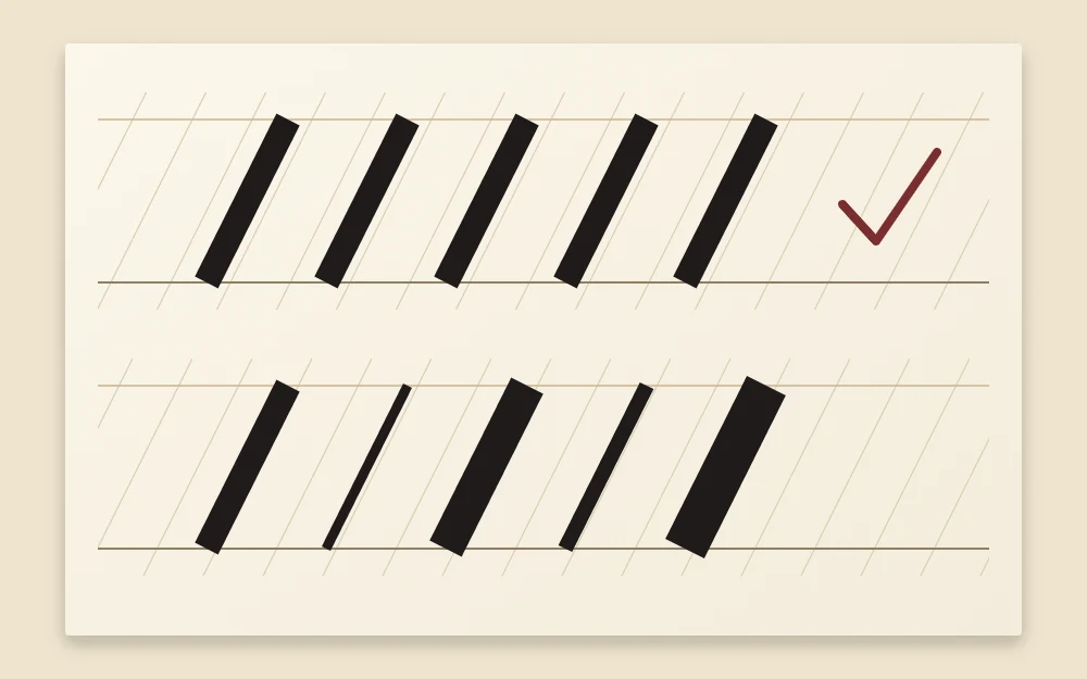 A row of five full-pressure downstrokes of equal width and height next to a second row where the widths are uneven