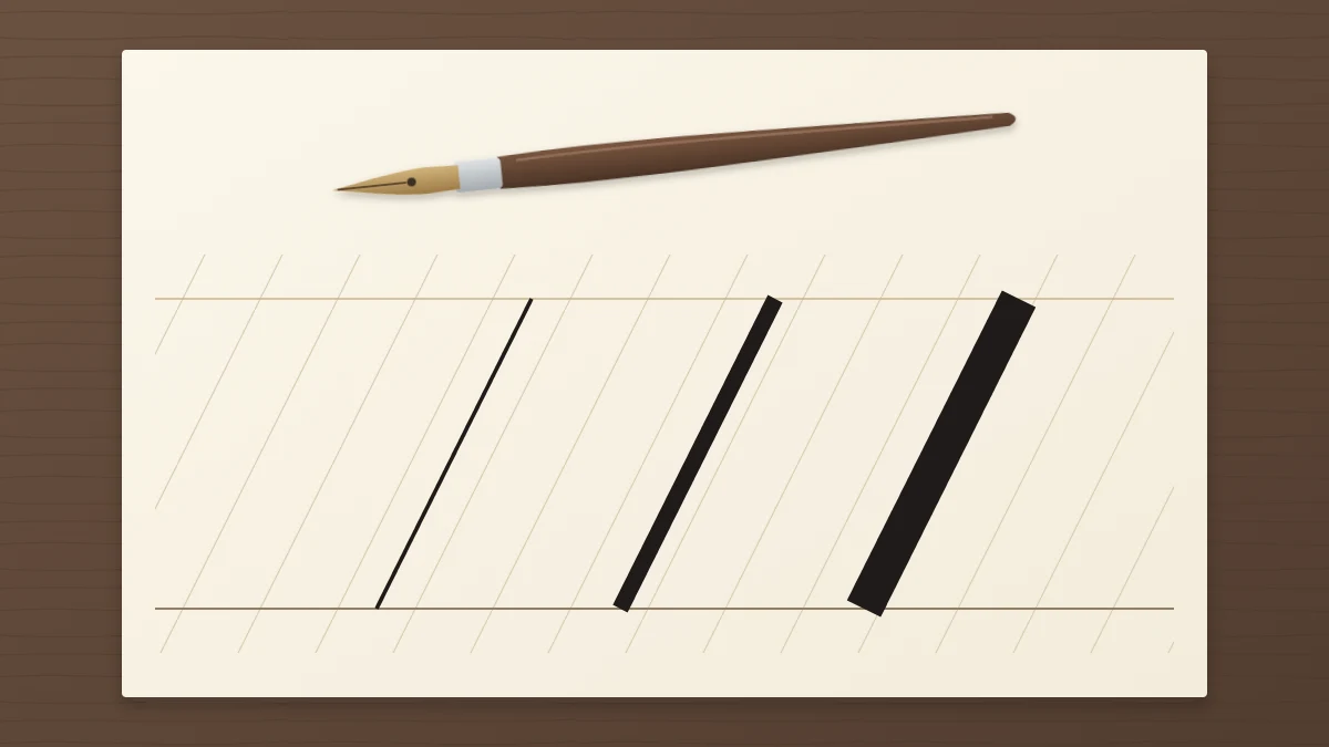 Three slanted downstrokes side by side at hairline, medium and full pressure, with a pointed nib above them