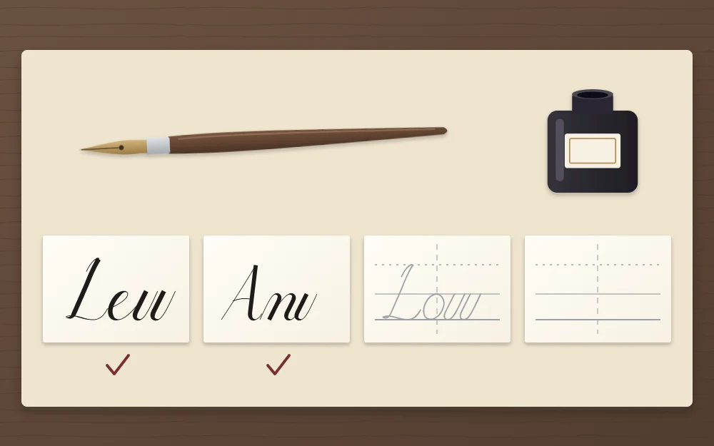 Four place cards in a row, two inked with short script names and two with pencil lines, a pen and ink bottle behind