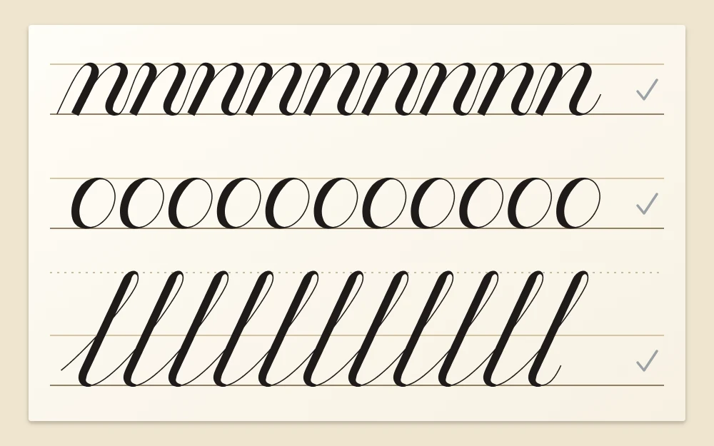 Three guideline rows of stroke rhythms, one of arches, one of ovals and one of tall loops, each ending with a small pencil tick