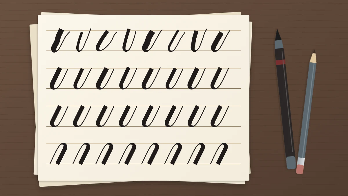 A small stack of practice sheets with rows of strokes that get steadier toward the bottom, beside a pencil and a brush pen