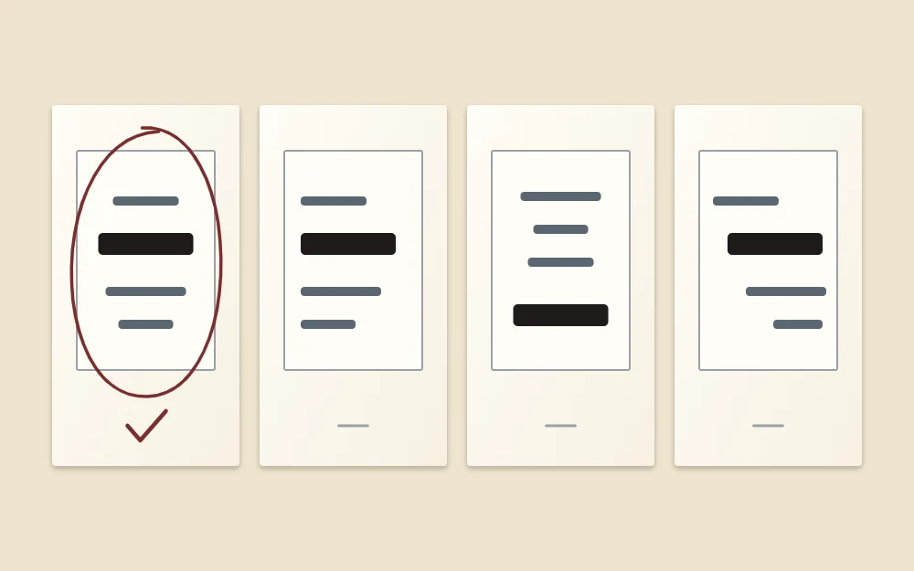 Four thumbnail sketches arranging the same four lines as bars of different lengths and thicknesses, one circled