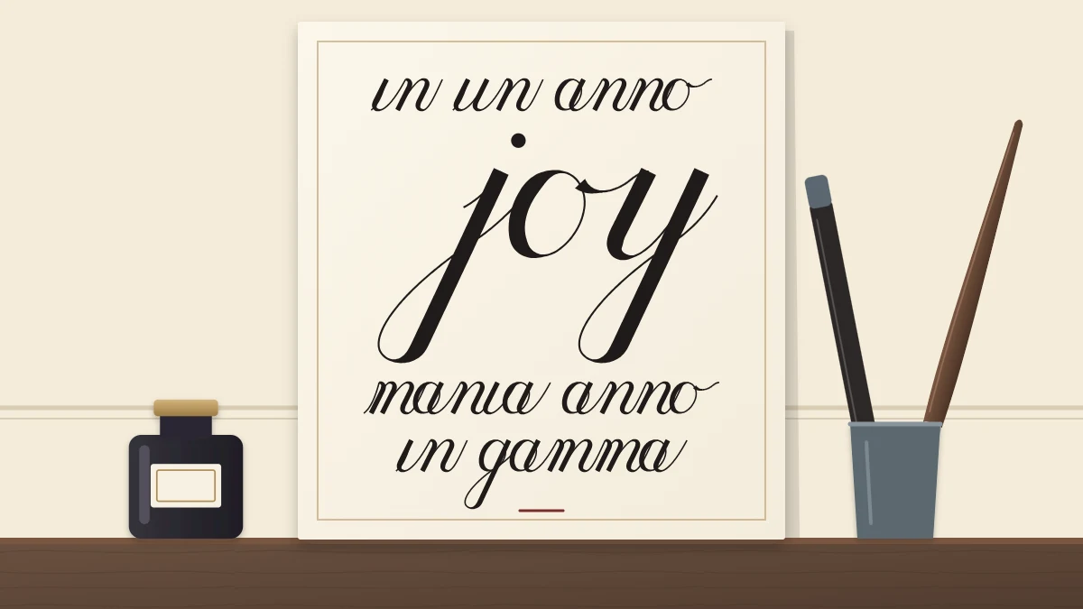 A finished piece on ivory paper with four centered lines of script, the second line, the word joy, noticeably larger