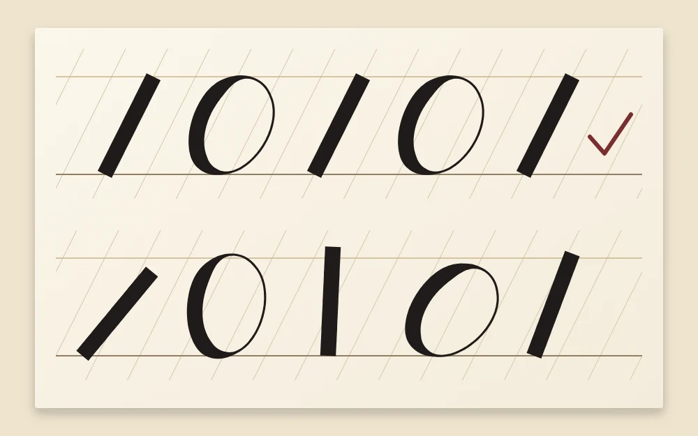 Two rows of five downstrokes and ovals: one where every shape leans at the same slant, one where shapes lean differently
