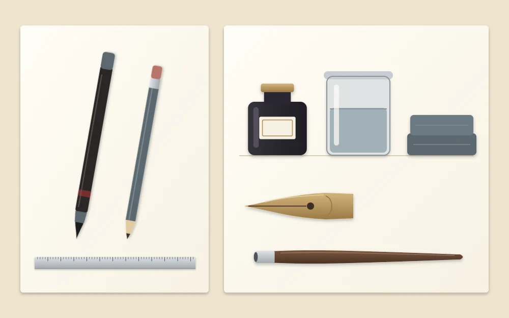 Two groups of tools on off-white tiles: a brush pen with pencil and ruler, and a pointed nib, straight holder, ink bottle, water jar and cloth