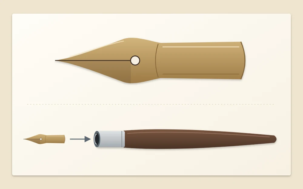 A large pointed nib showing two tines, the slit, the round vent hole and curved base, beside a straight holder with its opening