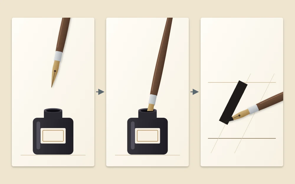 Three tiles: a clean nib above an ink bottle, the nib dipped just past its vent hole, and the inked nib making a thick downstroke
