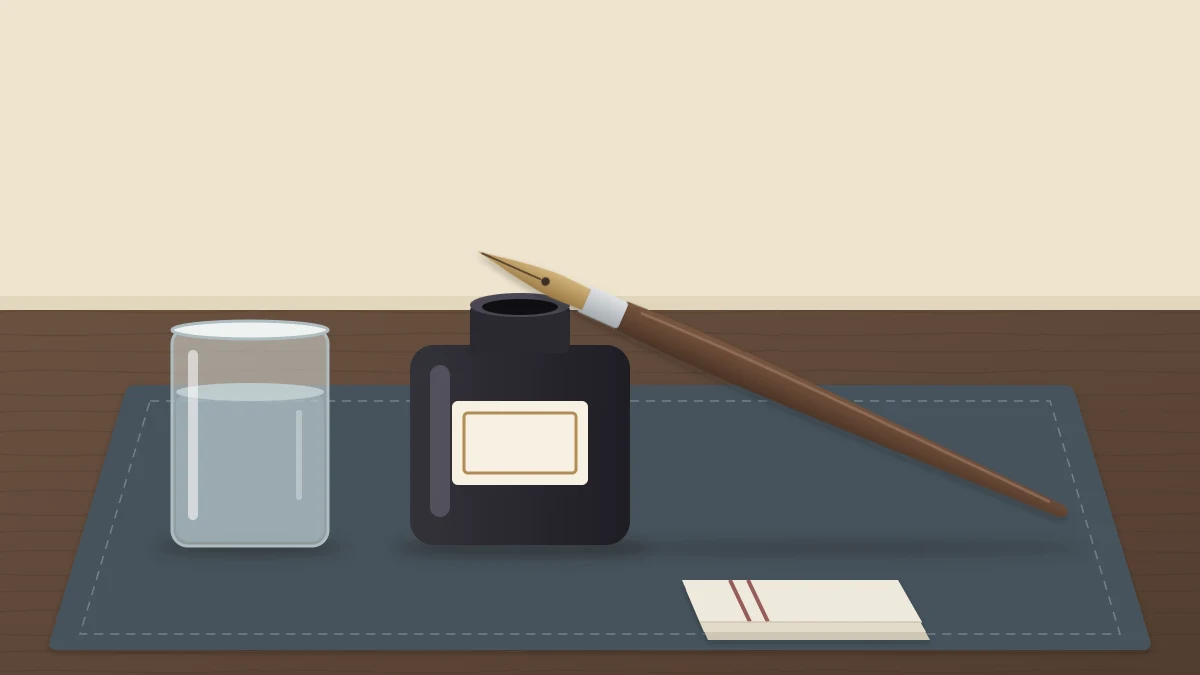 A pointed nib in a straight wooden holder resting on the rim of a small ink bottle, with a water jar and folded cloth on a desk mat