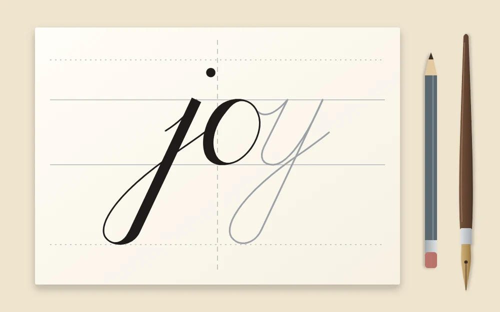 A flat card front with pencil guidelines and a center line, the word joy drafted and half inked