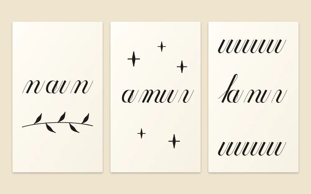 Three card fronts decorated with basic strokes around a script line: a leafy sprig, small stars, an underturn border