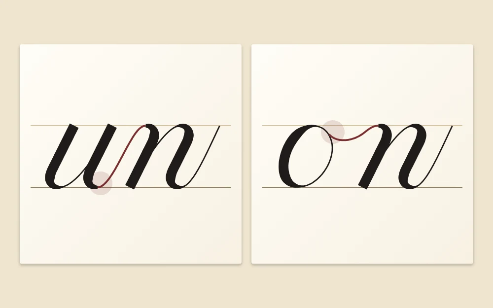 Two tiles of joins: the pair un with a hairline rising from the baseline, and the pair on with a hairline leaving the top of the o