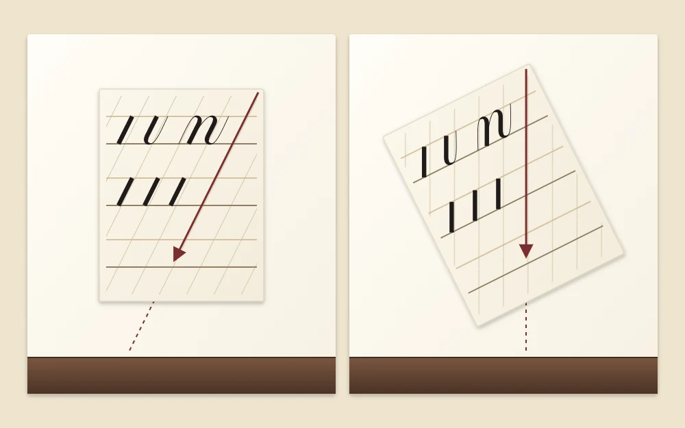Two tiles: a sheet placed straight with slant lines leaning right, and the same sheet rotated so the slant lines point toward the desk edge