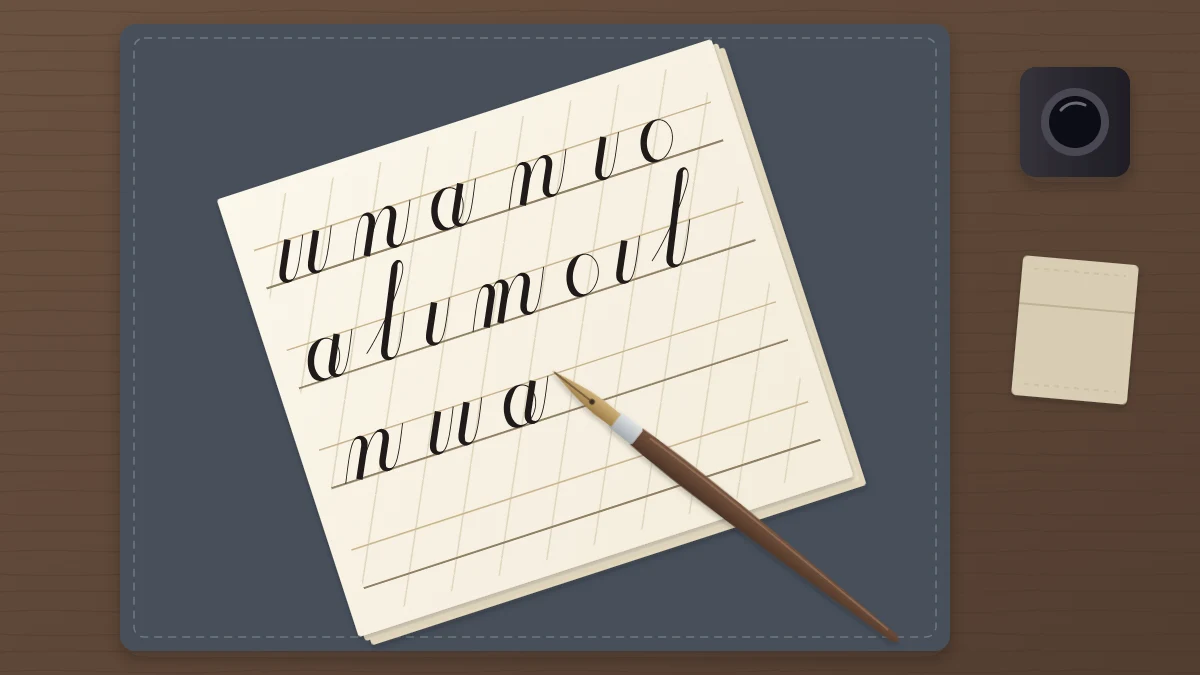 A ruled sheet rotated counterclockwise on a desk pad, a pointed pen in a straight holder resting on it, and an ink bottle at the upper right
