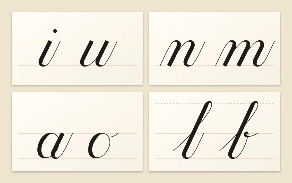 Four tiles of lowercase letter groups: i and u, n and m, a and o, and l and b