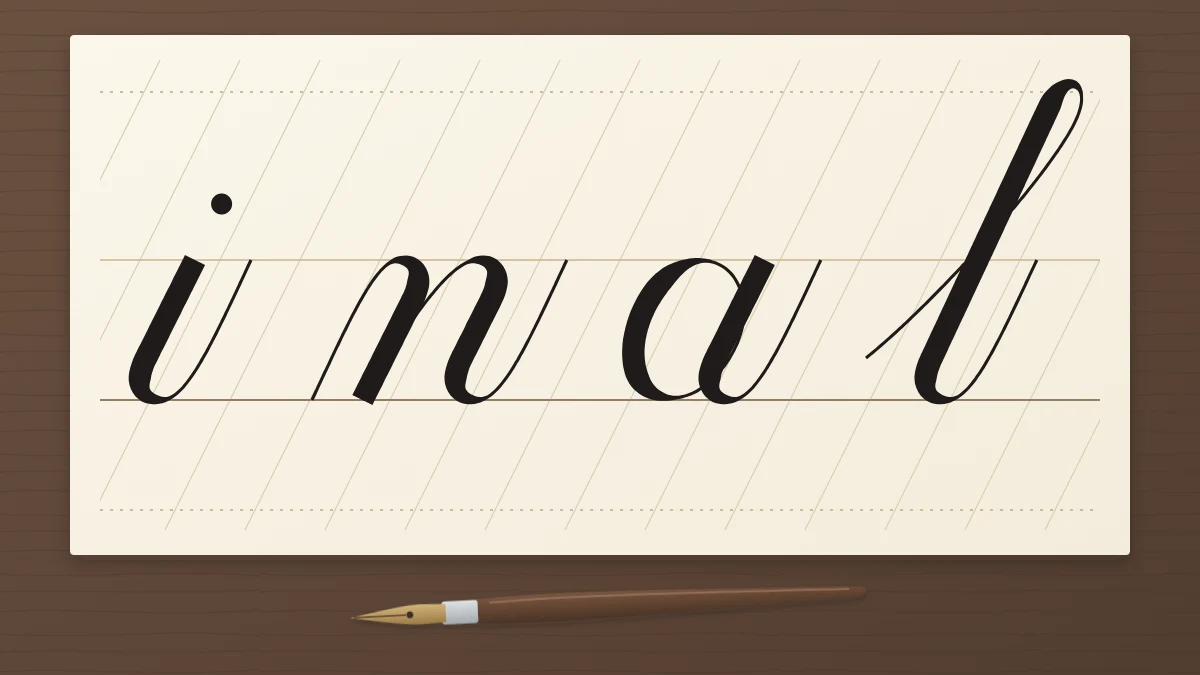 Four large lowercase script letters, i, n, a and l, on a ruled ivory sheet with a pointed pen below