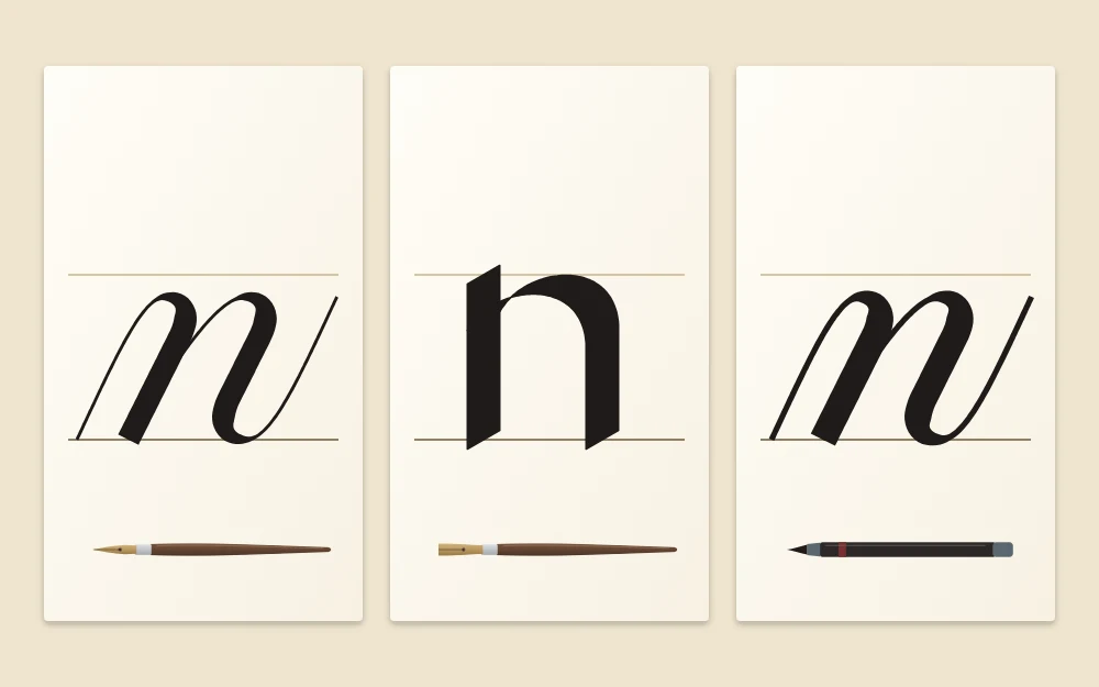 Three tiles showing a lowercase n: a slanted pointed-pen n, an upright broad-edge n with ribbon-like strokes, and a soft brush-pen n