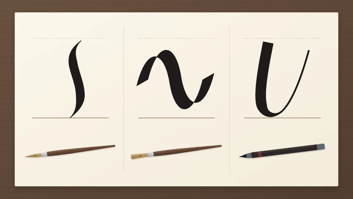 A pointed dip pen, a broad-edge pen and a brush pen in a row on ivory paper, each with a sample stroke above it
