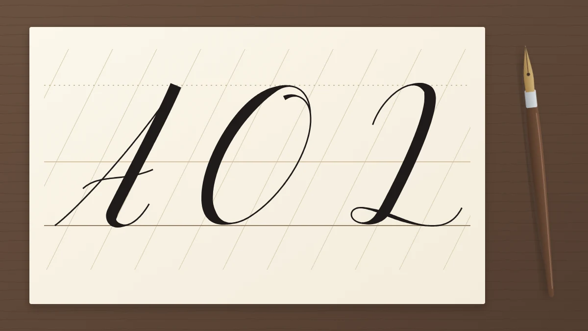 Three simple script capitals, A, O and L, written large on a ruled ivory sheet with thick stems and hairline curves, a pointed pen beside them