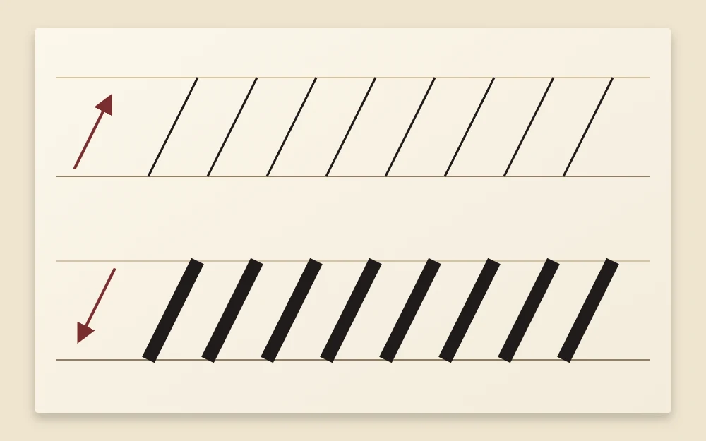 Two rows on one sheet: evenly spaced thin slanted upstrokes above and evenly spaced thick slanted downstrokes below